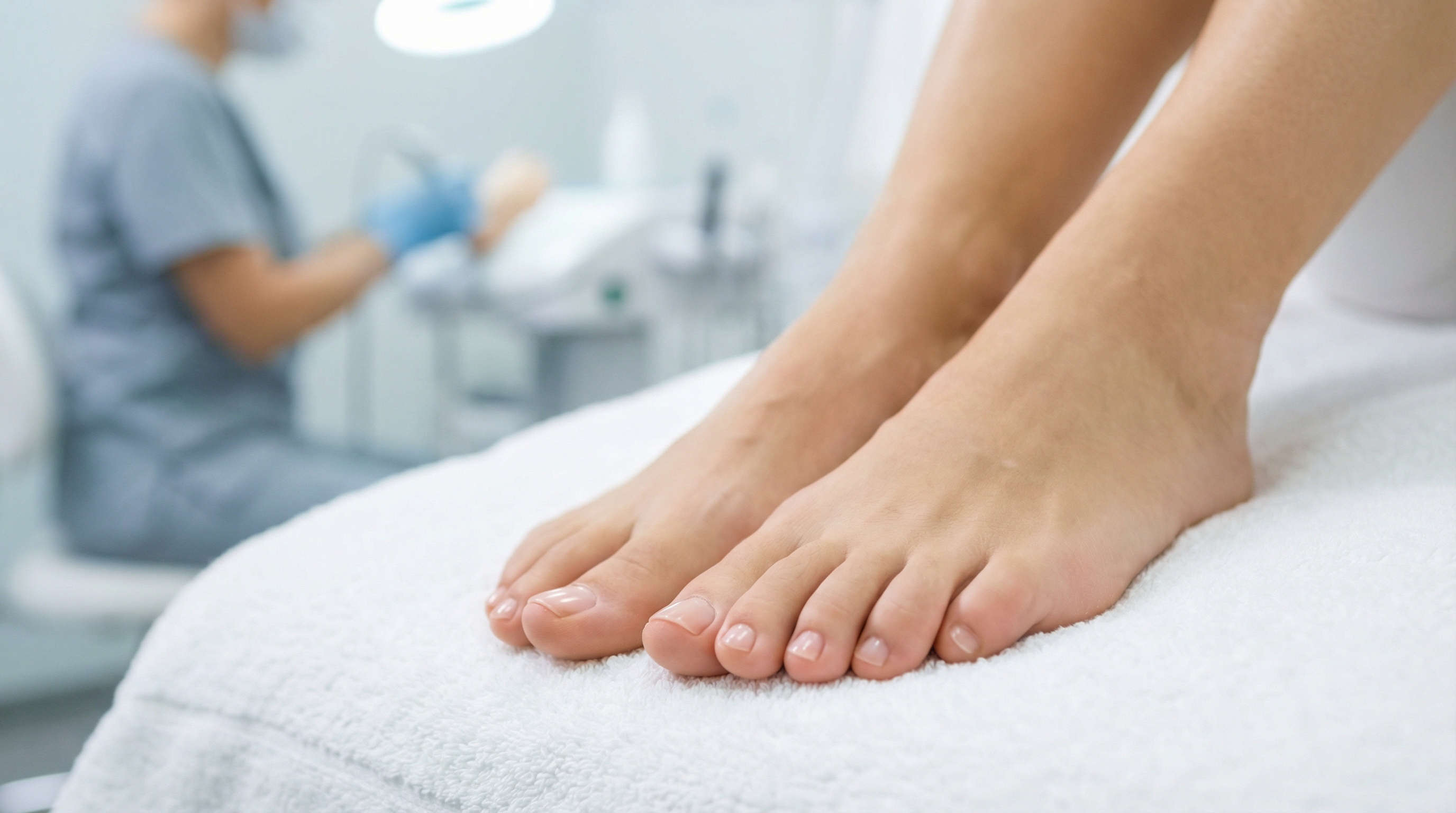 רגליים עם ציפורניים בריאות לאחר טיפול לייזר לפטרת ציפורניים